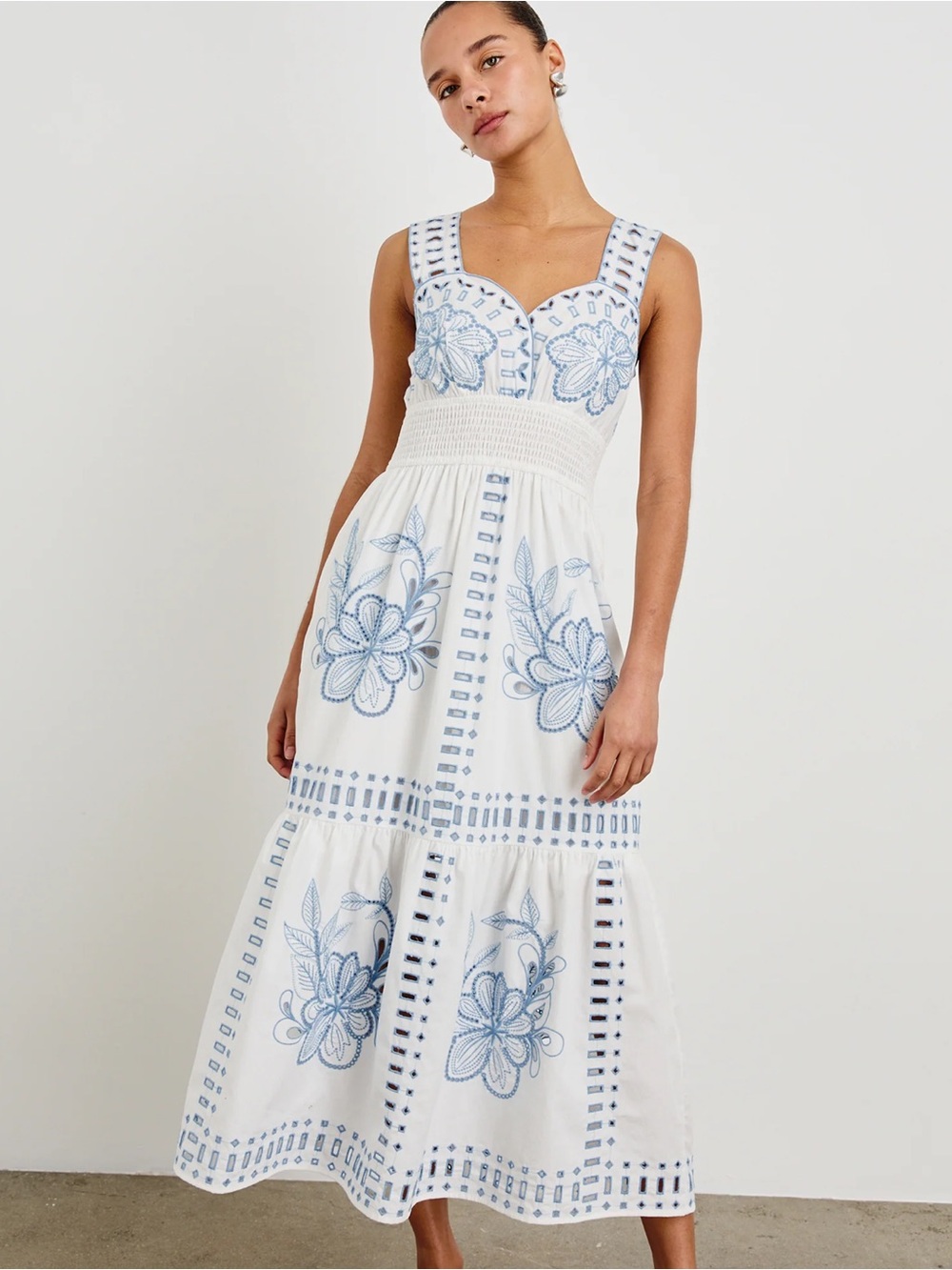 Rails White Maxi Dress with Blue Floral Embroidery NWOT